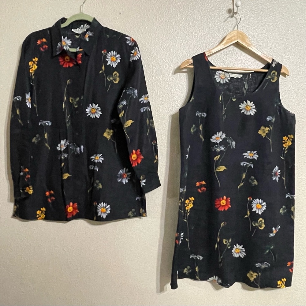 Saks Five Avenue 100% Linen Floral Black Dress and Shirt Set Size M